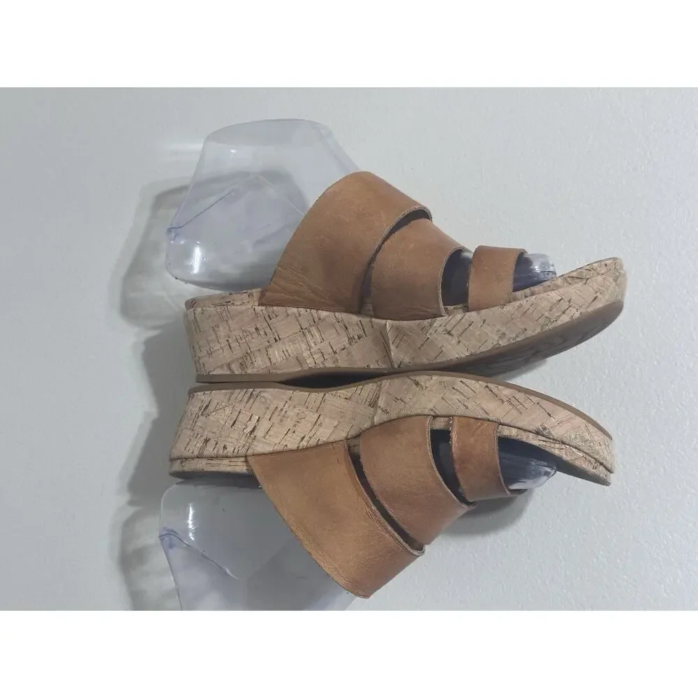 KORK-EASE Menzie Sandals Slide Women’s Beige Tan Leather Cork Wedge Strappy, 7
